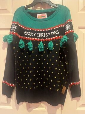 Tipsy Elves Merry Christmas Tassel  Sweater Size M Black